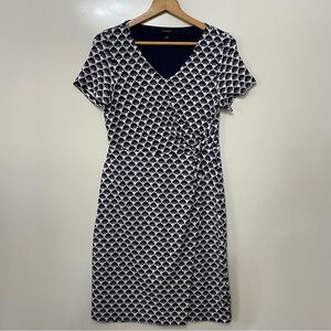 Talbots V-Neck Short Sleeved Navy and White Midi Faux Wrap Dress, Size S